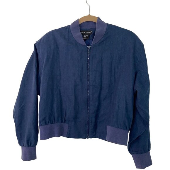 Silk Club Vintage Womens Jacket Size Small Blue Cropped Bomber Pure Linen - Picture 1 of 8